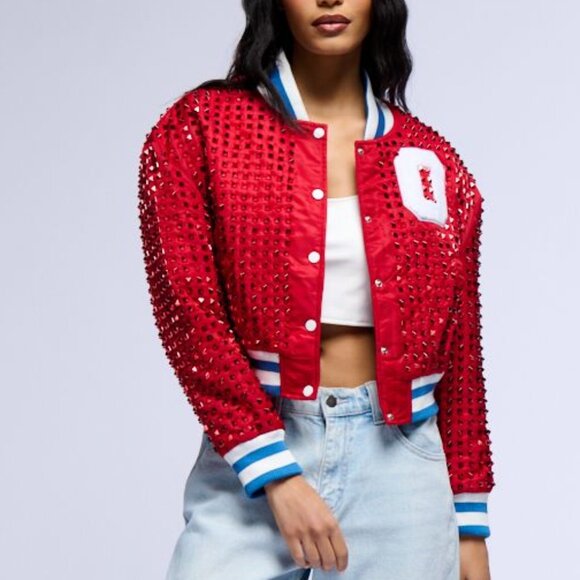 Red Studded Varsity Bomber Jacket Plus Size 1X XL - Picture 2 of 3
